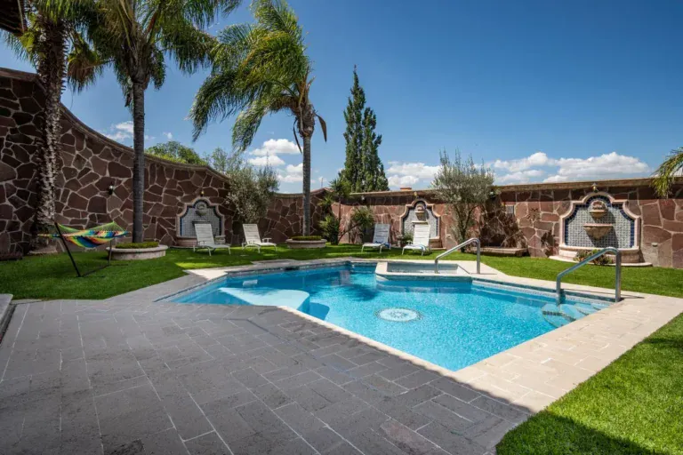 Casa La Colina, swimming pool with a spa, palm trees and a stone wall, San Miguel de Allende