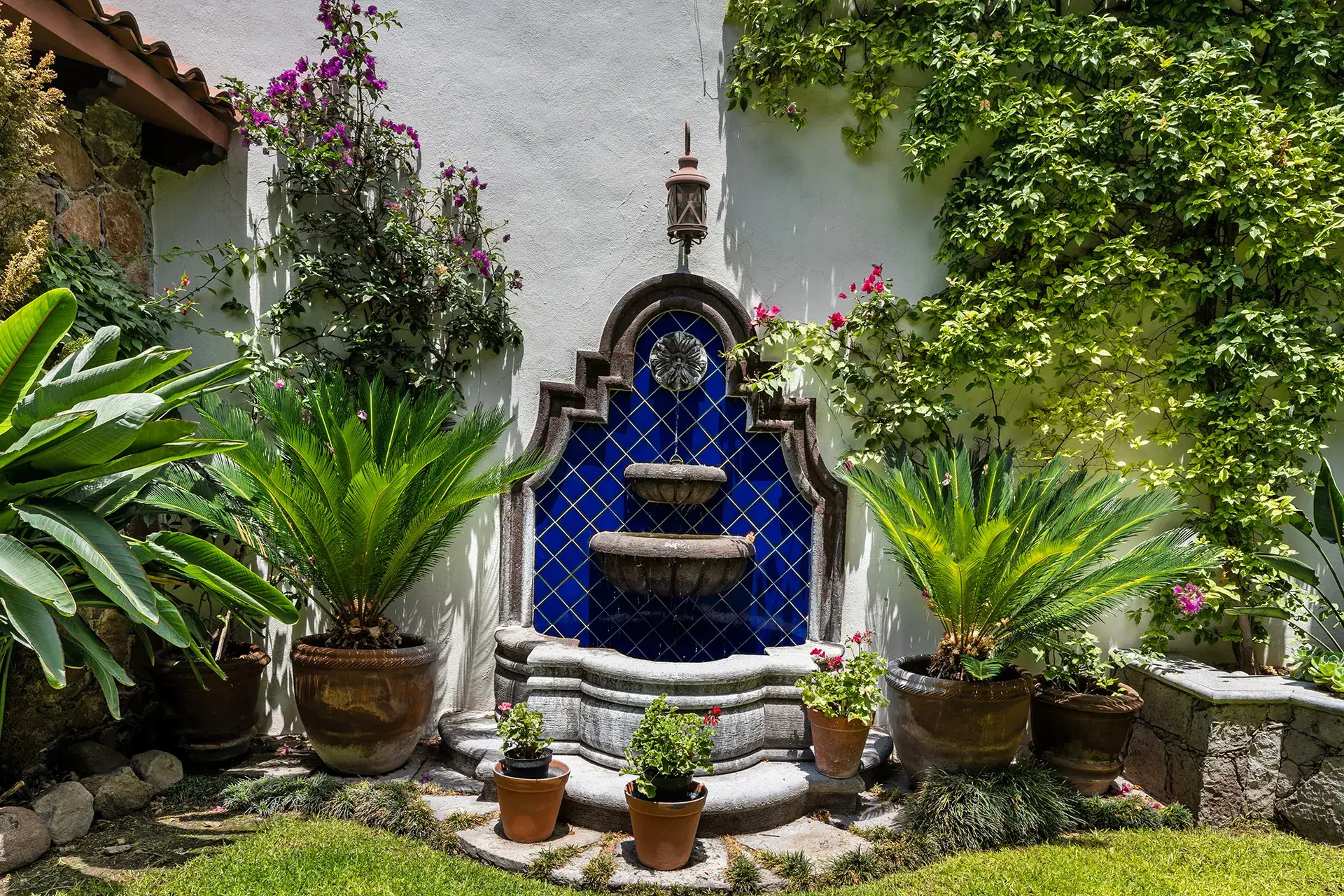 Casa Lua, garden with a blue tile fountain framed by plants, San Miguel de Allende