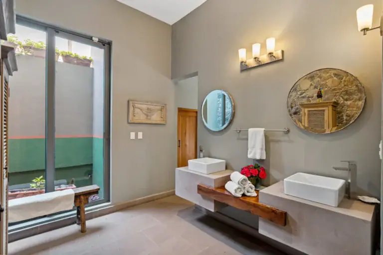 Casa Lula, bathroom with two vessel sinks and a floating vanity, San Miguel de Allende