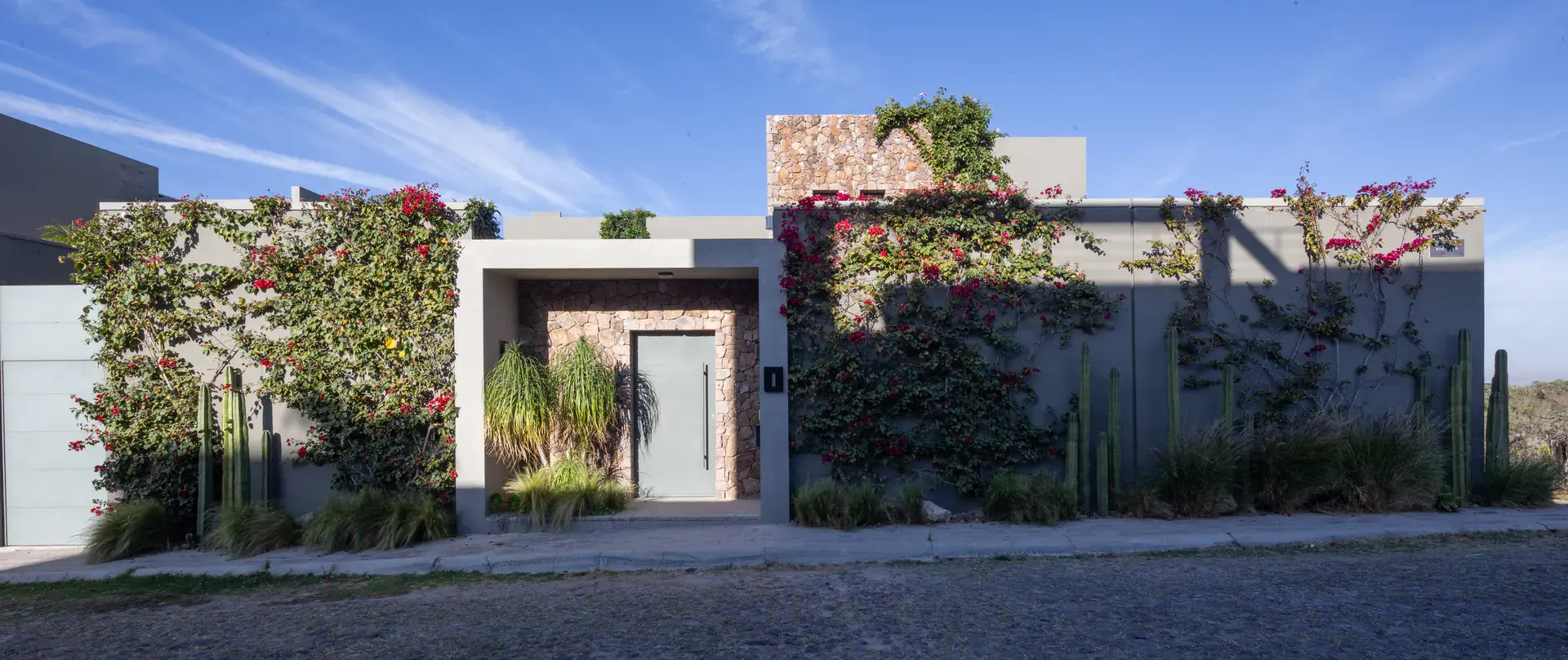 Casa Luz, street facade with a gated entrance, bougainvillea and cacti along a gray wall, San Miguel de Allende
