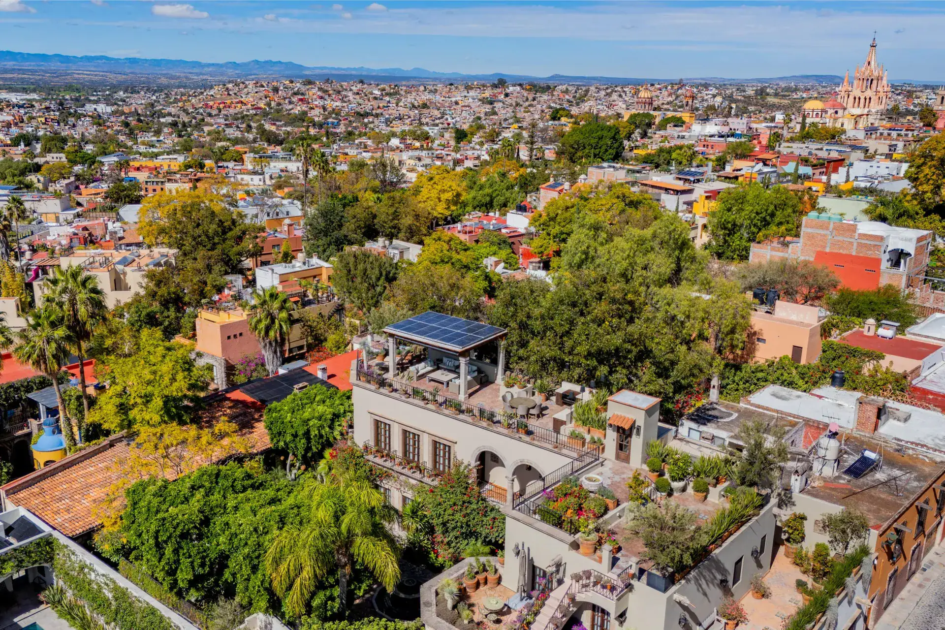 Casa Luz, aerial view of the rooftops and the Parroquia, San Miguel de Allende