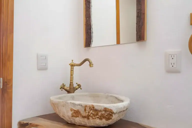 Casa Milagros, powder room with a carved stone vessel sink on a live-edge wood counter with a brass faucet, San Miguel de Allende