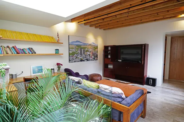Casa Mojica, family room with a sectional sofa, bookshelves and a wood beam ceiling, San Miguel de Allende