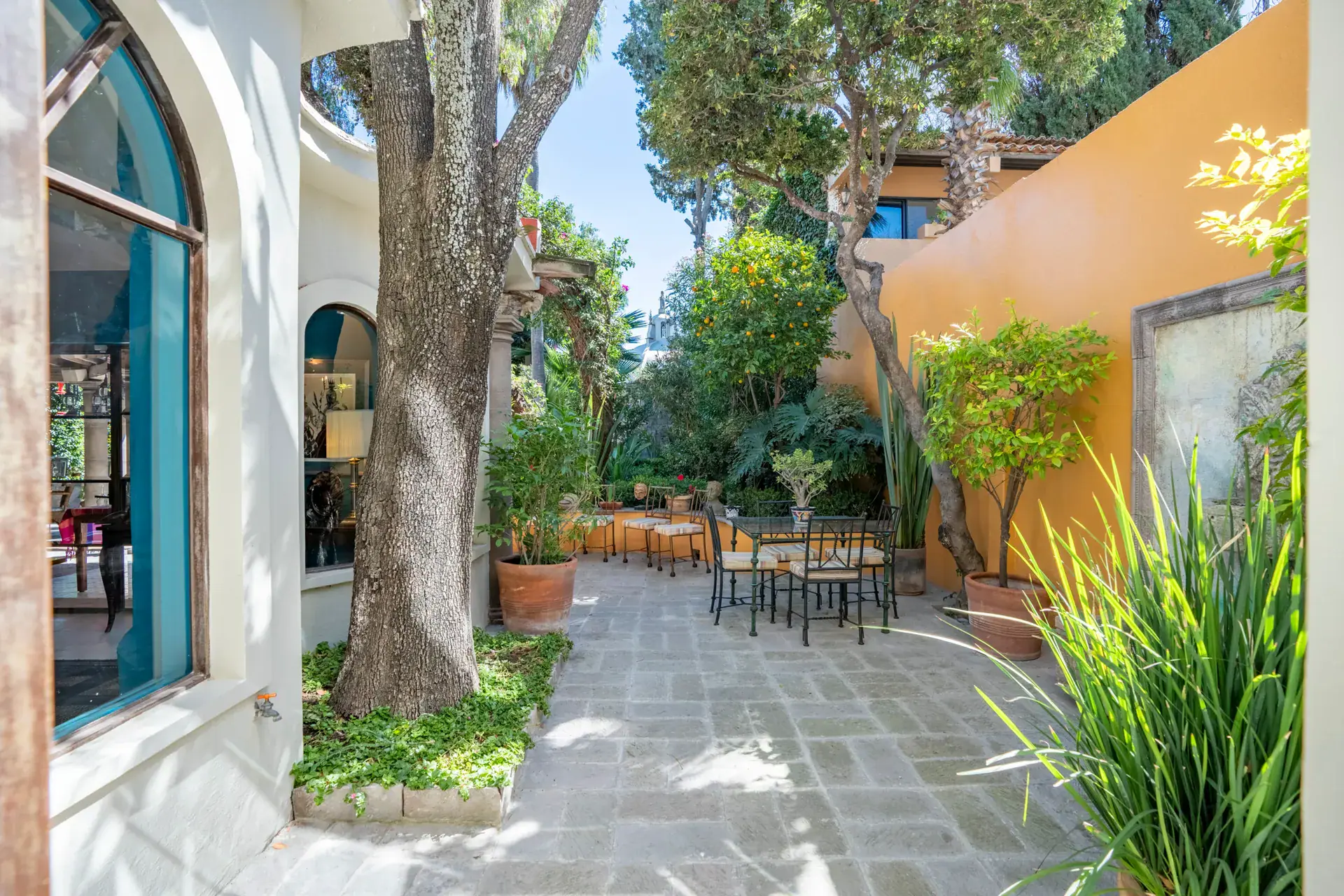 Casa Nispero, garden courtyard with a stone paver terrace, tall trees, an orange wall and a dining set, San Miguel de Allende