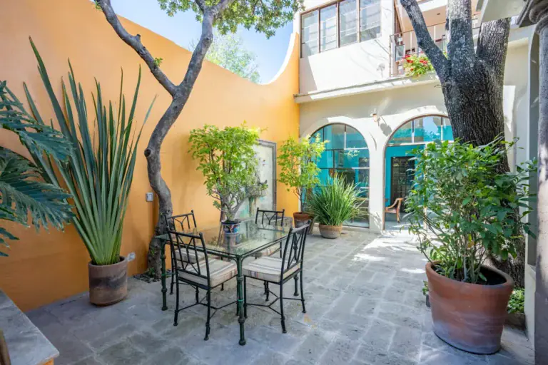 Casa Nispero, courtyard dining table with iron chairs, potted agaves and citrus trees beside an arched house wall, San Miguel de Allende