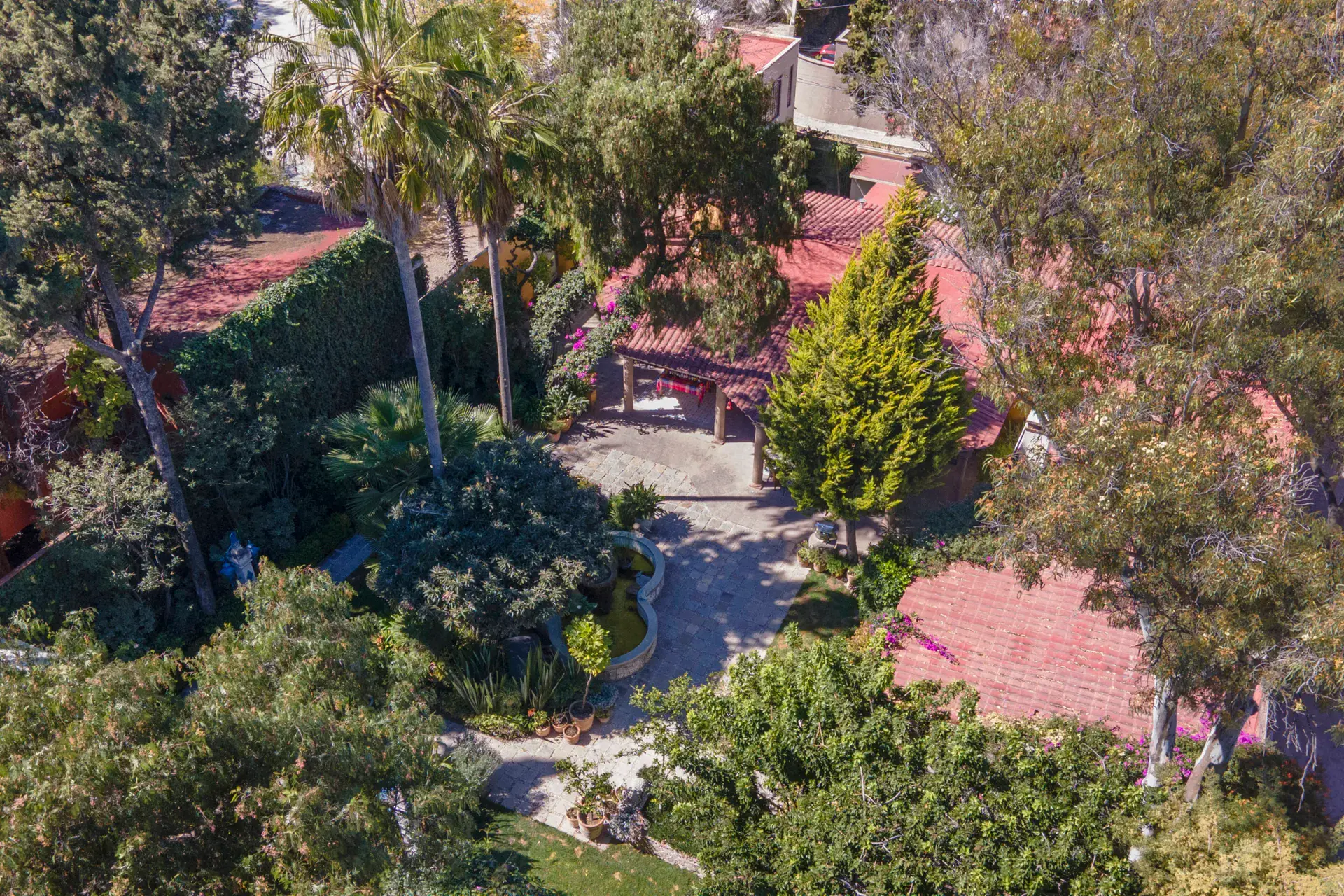 Casa Nispero, aerial view of the garden with mature trees, a tile roof and a winding path, San Miguel de Allende