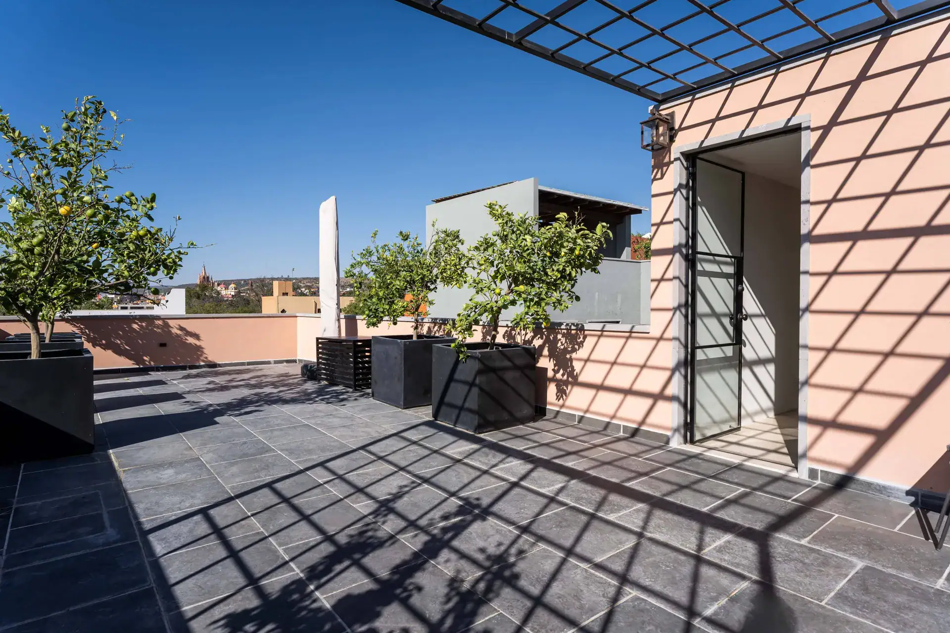 Casa Nobel, rooftop terrace with lemon trees in black planters, a pergola and a steel door, San Miguel de Allende