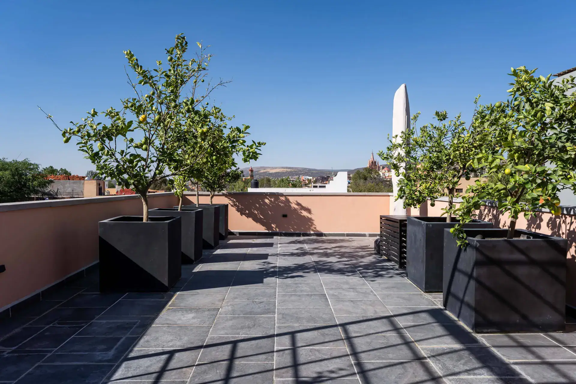 Casa Nobel, rooftop terrace with potted lemon trees and a view toward the Parroquia, San Miguel de Allende