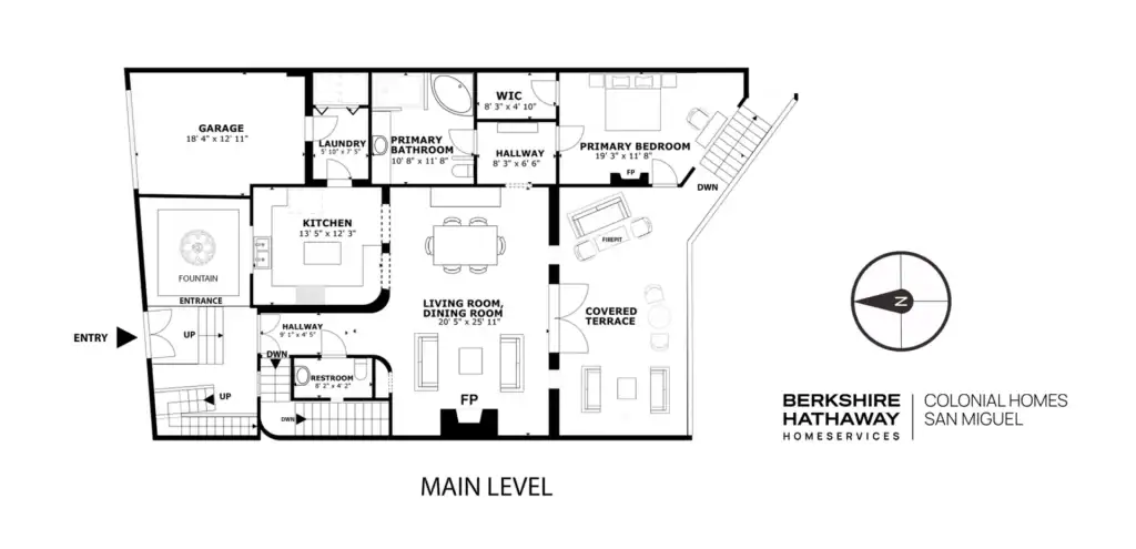 Casa Noche Magica, floor plan of the main level with the garage, laundry, kitchen, living and dining room, primary bedroom and covered terrace, San Miguel de Allende