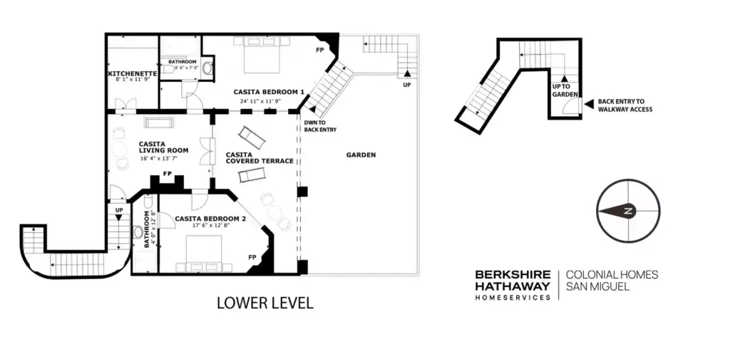 Casa Noche Magica, floor plan of the lower level with the casita bedrooms, casita living room, kitchenette, covered terrace and garden, San Miguel de Allende