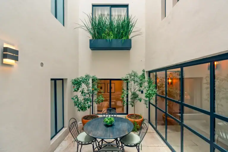 Casa Palma, light well courtyard with a round dining table, olive trees and steel-framed glass walls, San Miguel de Allende