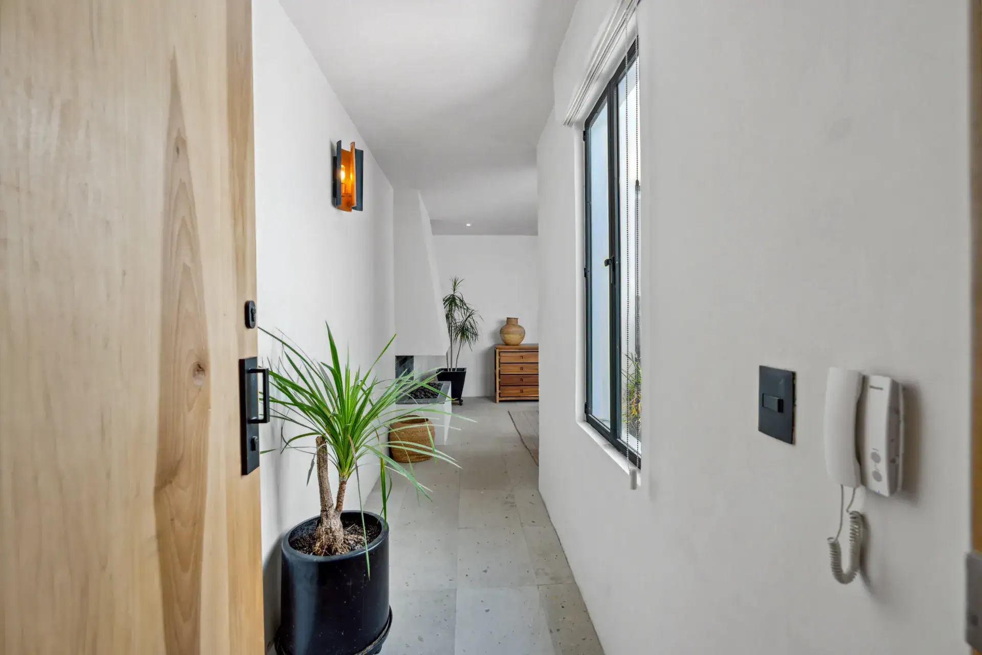 Casa Palma, entry hall with a tall wood door, a potted plant and an intercom, San Miguel de Allende
