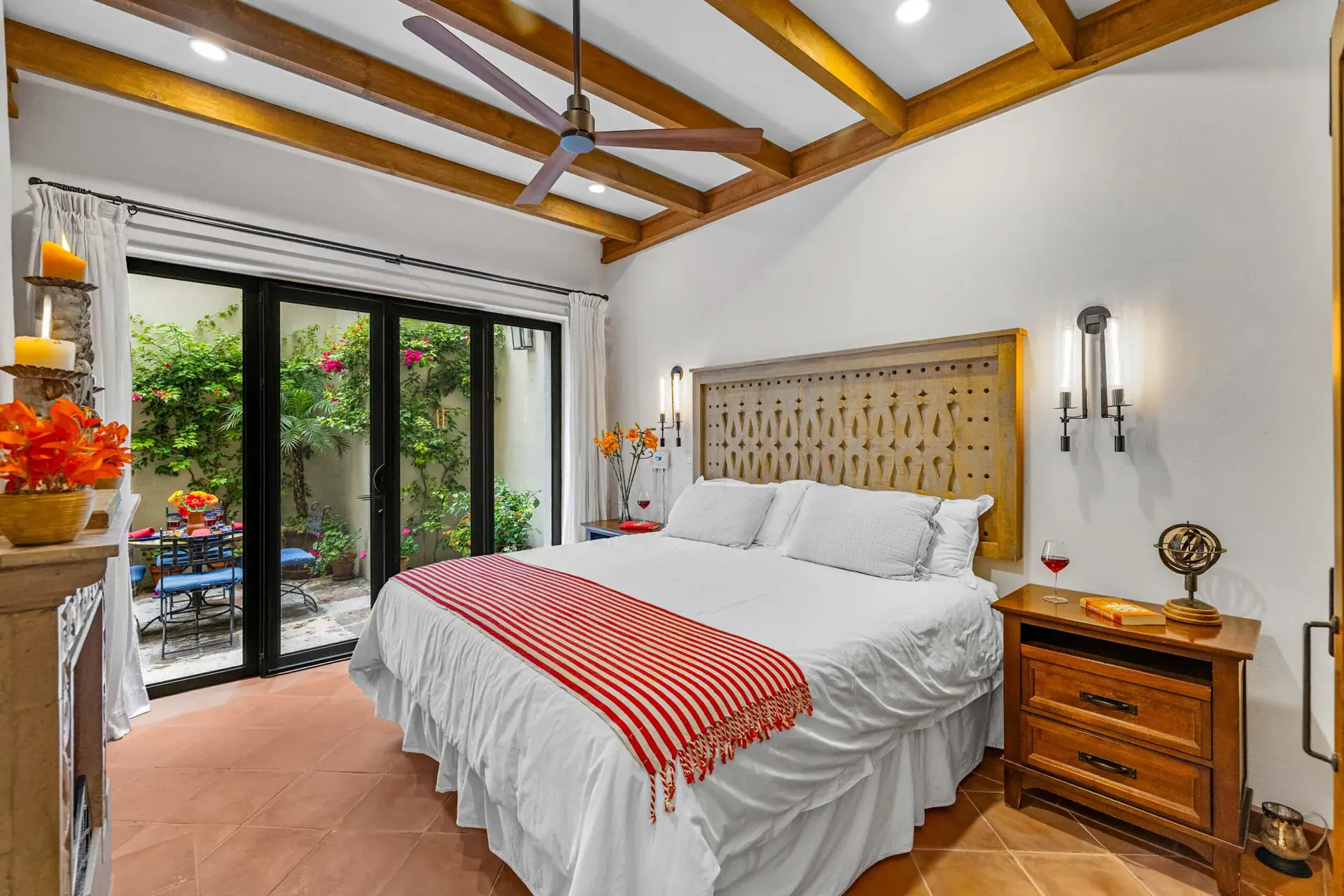 Casa Paradise, bedroom with glass doors opening to the courtyard, San Miguel de Allende