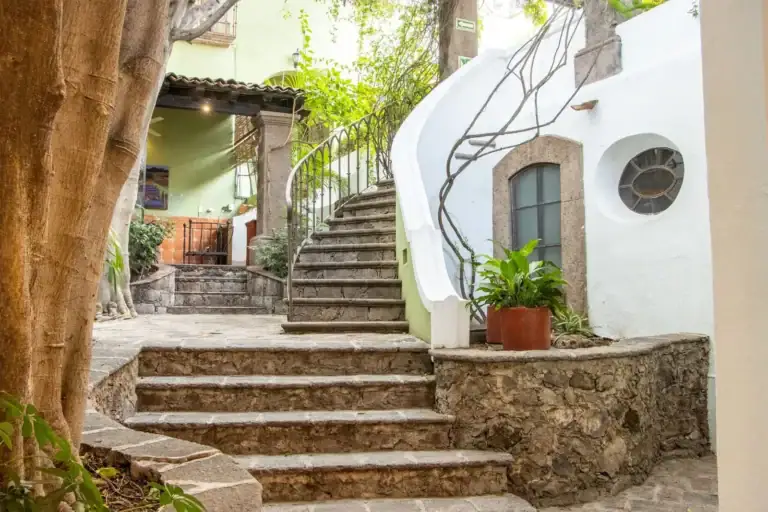 Casa Quetzal Hotel, stone steps and a curving whitewashed staircase with an iron railing under a large tree in the courtyard, San Miguel de Allende