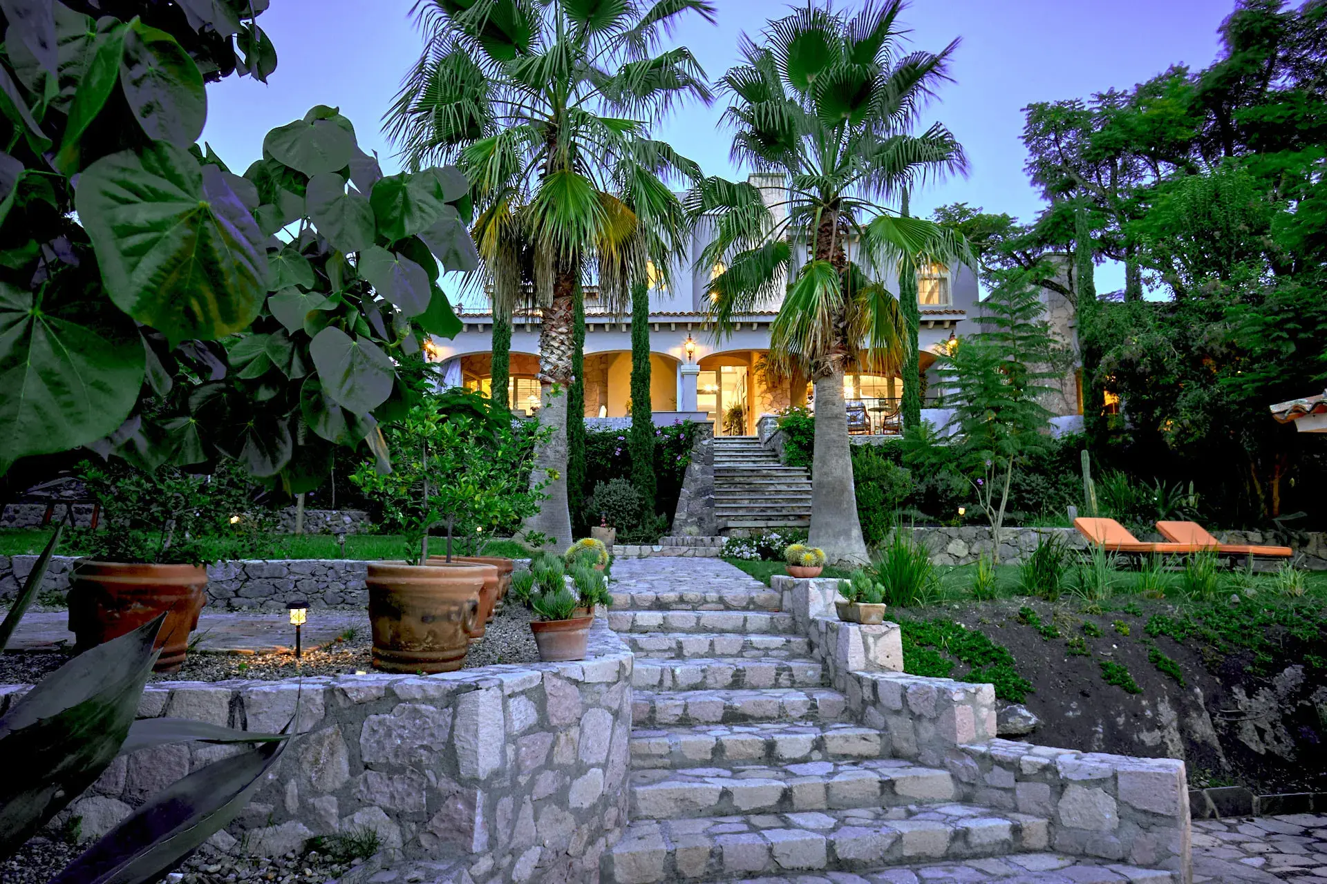Casa Rosa, stone garden steps among palms and tropical plants at dusk, San Miguel de Allende
