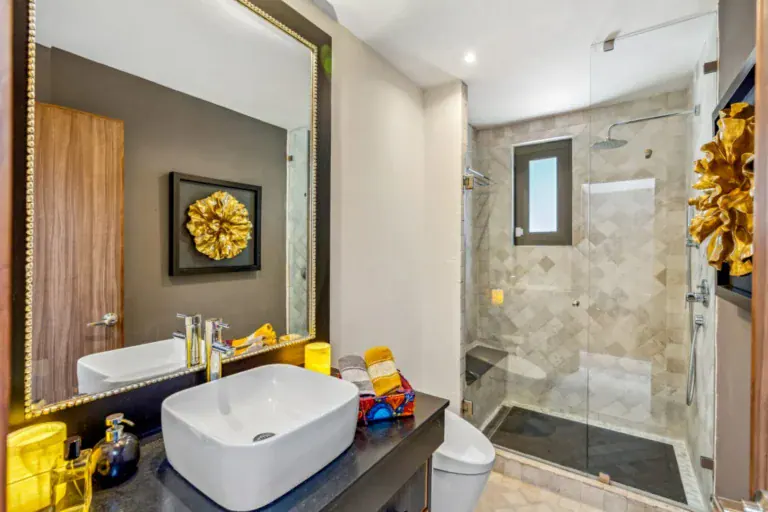 Casa San Rafael, bathroom with a vessel sink, a gold wall flower and a glass shower, San Miguel de Allende