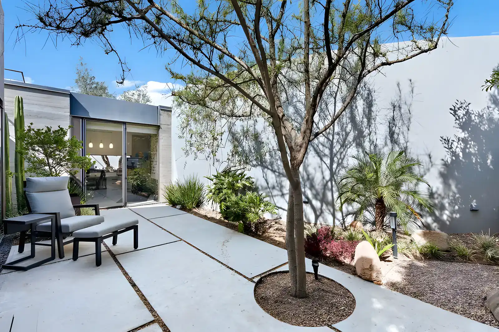 Casa Sanchez Renero, courtyard with a tree, a lounge chair and a view into a glass-walled room, San Miguel de Allende