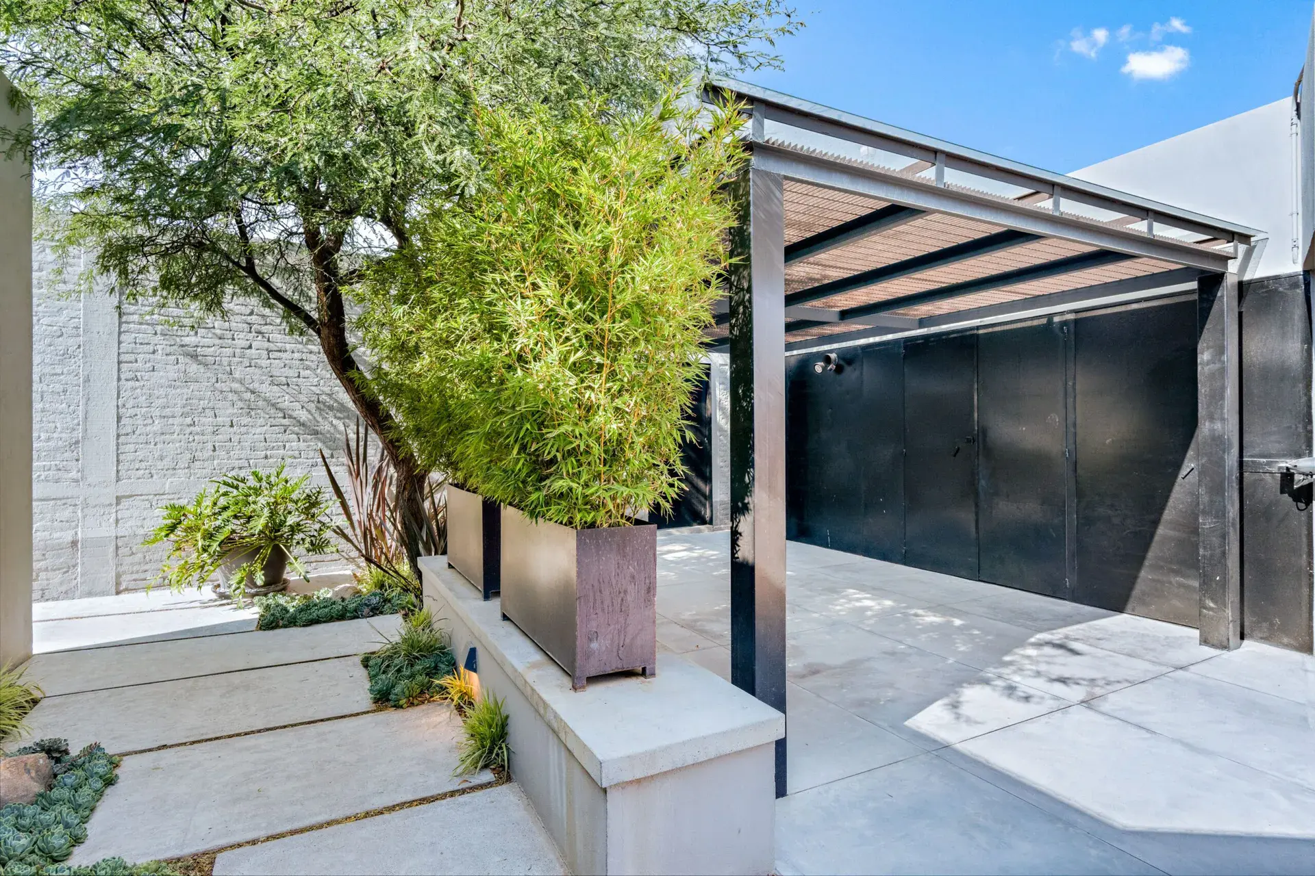 Casa Sanchez Renero, side patio with a bamboo planter, a covered carport and a tree, San Miguel de Allende