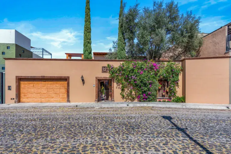 Casa Sirena, street entry wall with a wood garage door, a bougainvillea-covered gate and cypress trees on a cobblestone street, San Miguel de Allende