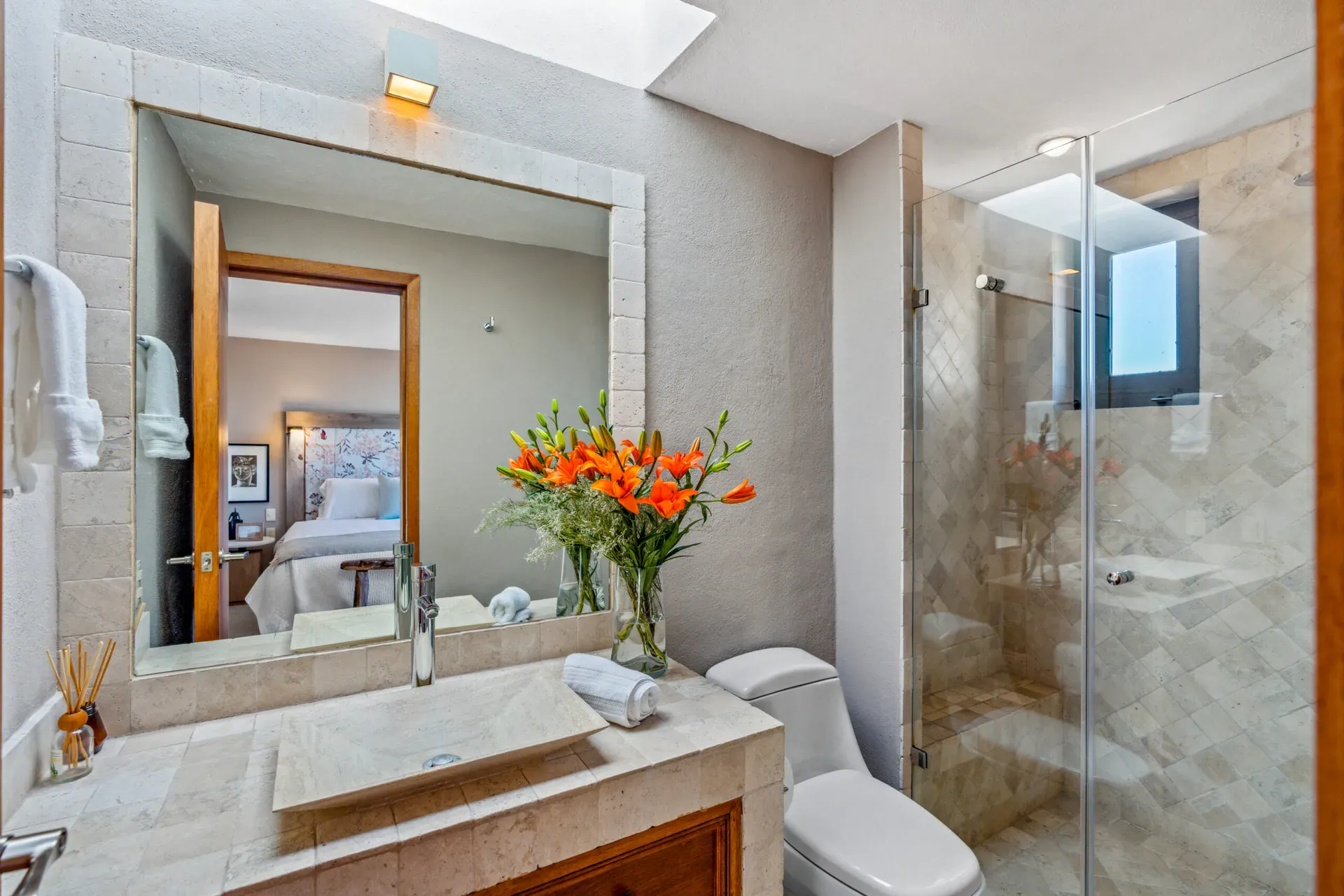 Casa Tequila, bathroom with a vessel sink and a glass shower, San Miguel de Allende