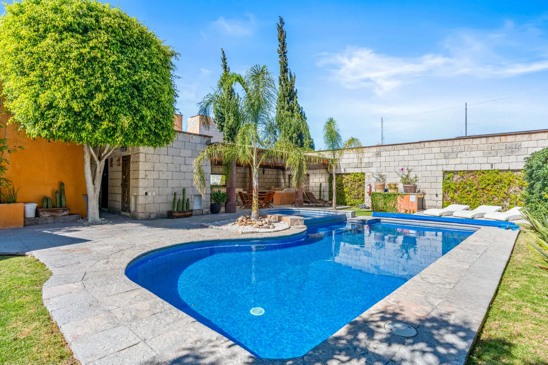 Casa Tequila, garden pool with a curved edge and a lawn, San Miguel de Allende