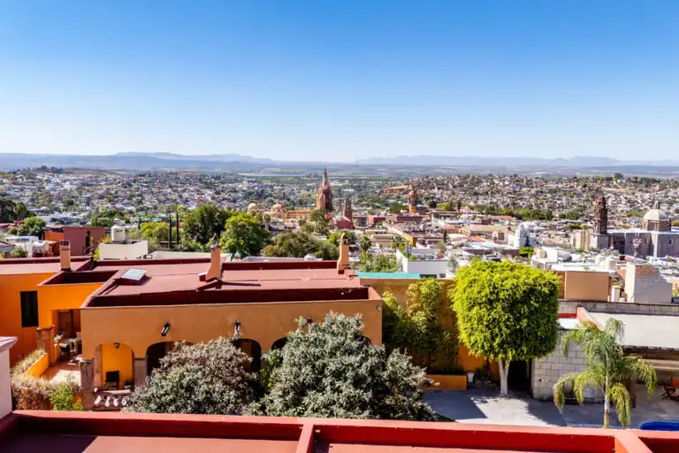 Casa Tequila, view over the town and the Parroquia from the roof, San Miguel de Allende