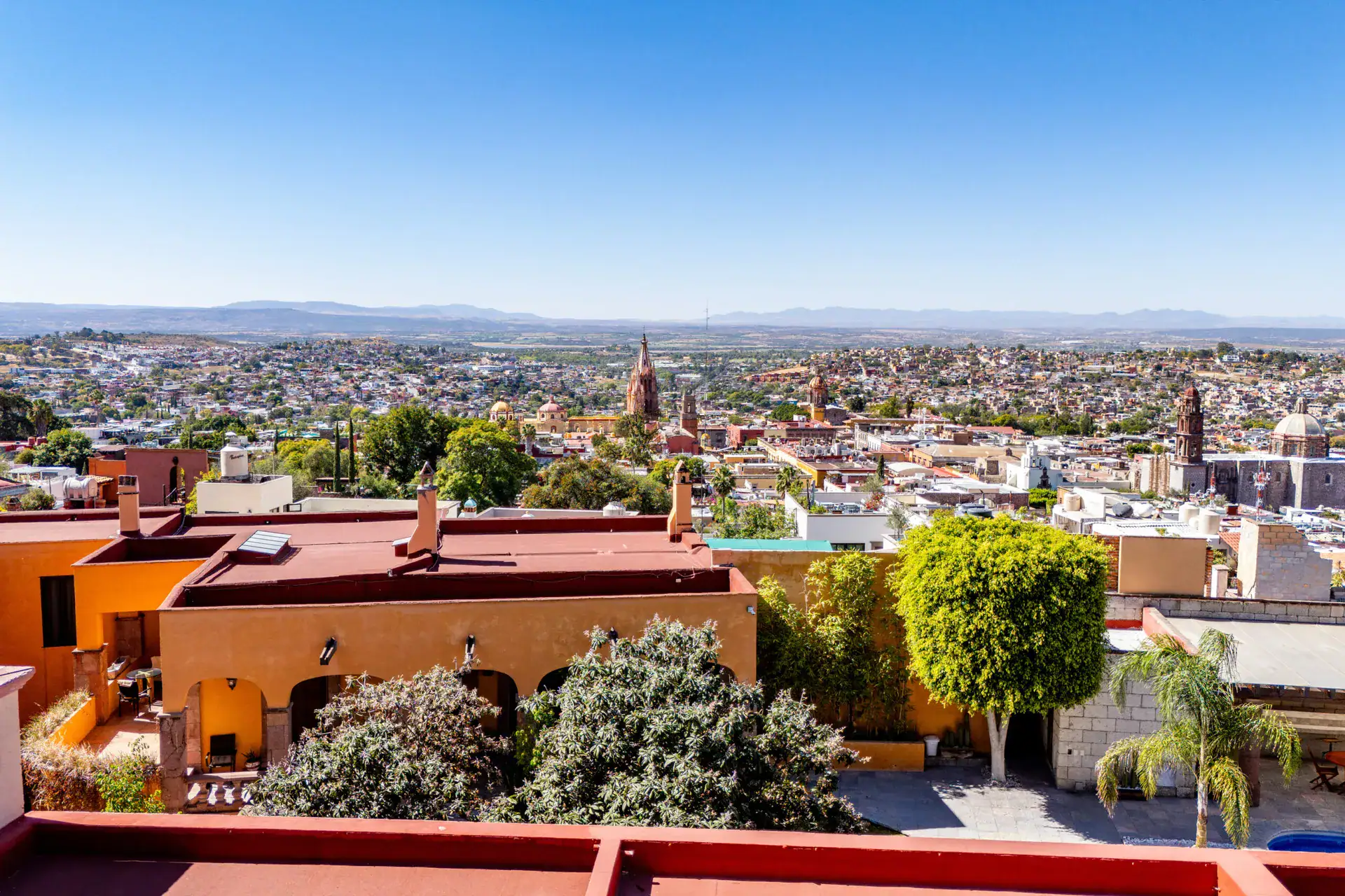 Casa Tequila, view over the town and the Parroquia from the roof, San Miguel de Allende