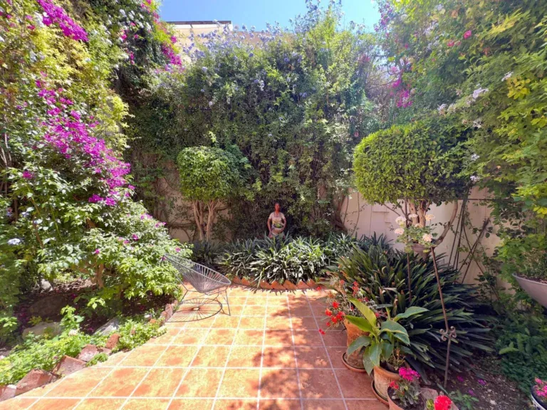Casa Trebol, garden courtyard with a tile terrace, bougainvillea, trimmed shrubs and a red geranium pot, San Miguel de Allende
