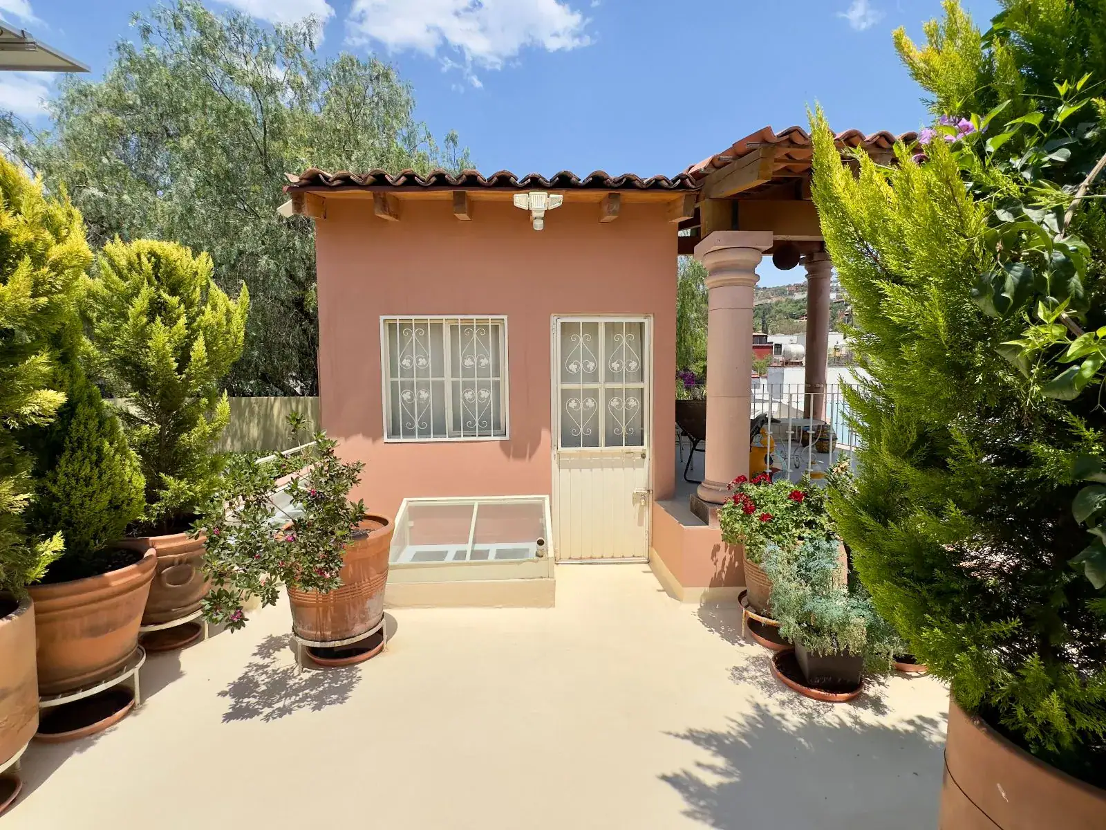 Casa Trebol, rooftop room with a tile roof, a window and a door, flanked by cypress trees in pots, San Miguel de Allende