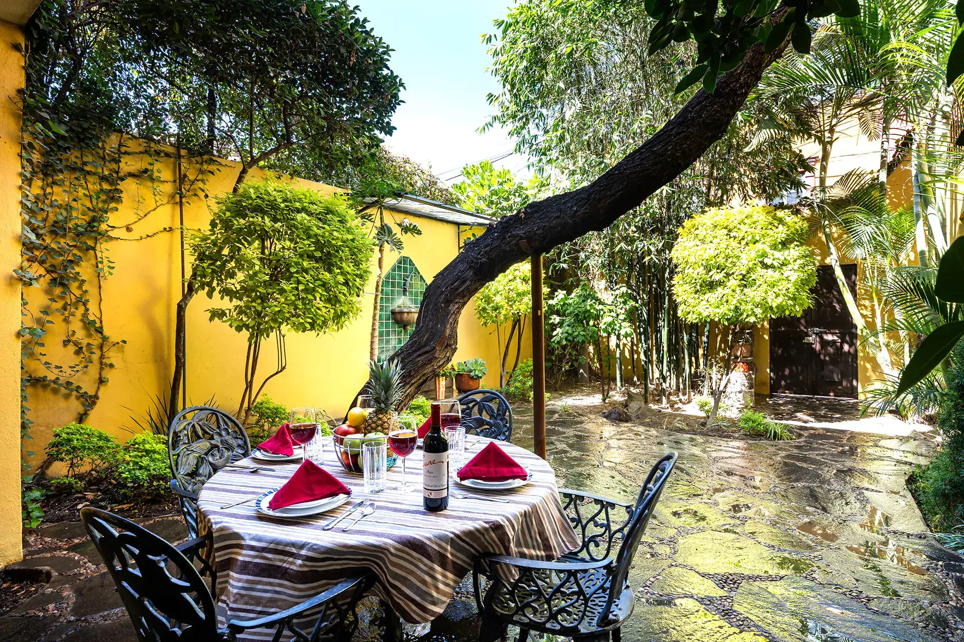 Casa Victoria, courtyard garden with a round table under a leaning tree and a yellow wall, San Miguel de Allende