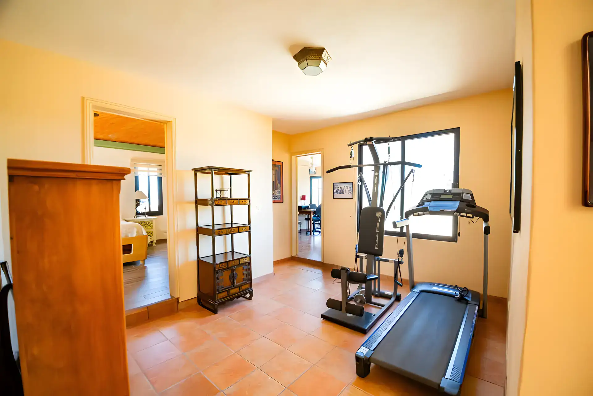 Casa Winston, exercise room with a home gym machine, a treadmill and a wood cabinet, San Miguel de Allende