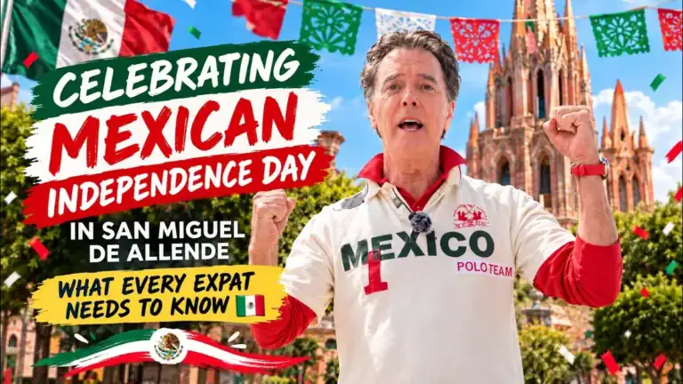 Greg Gunter in a Mexico polo shirt cheering in front of the Parroquia with papel picado, with the text 'Celebrating Mexican Independence Day in San Miguel de Allende: What every expat needs to know'