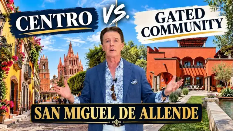 Greg Gunter in a blue blazer between a cobblestone street with the Parroquia and a red gated-community home, with the text 'Centro vs. Gated Community, San Miguel de Allende'