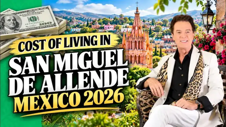 Greg Gunter in a white jacket with a leopard-print scarf beside stacks of dollar bills, with the text 'Cost of Living in San Miguel de Allende, Mexico 2026'