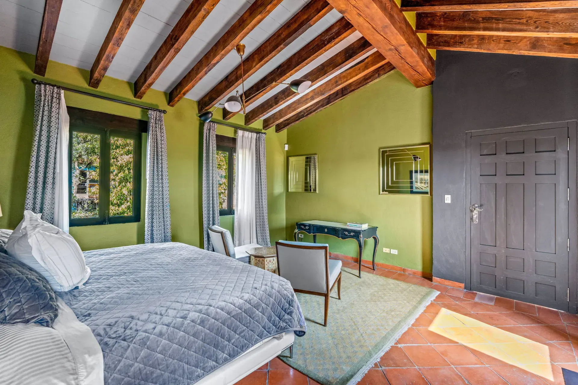 Cuesta de San Jose 22, bedroom with olive green walls, a desk, a wardrobe and a timber ceiling, San Miguel de Allende