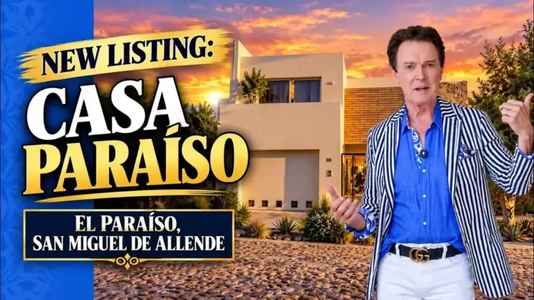 Greg Gunter in a blue shirt and striped blazer in front of a modern home at sunset, with the text 'New Listing: Casa Paraiso, El Paraiso, San Miguel de Allende'