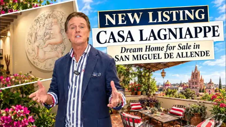 Greg Gunter in a navy blazer on a rooftop terrace with a view of the Parroquia, with the text 'New Listing: Casa Lagniappe, Dream Home for Sale in San Miguel de Allende'