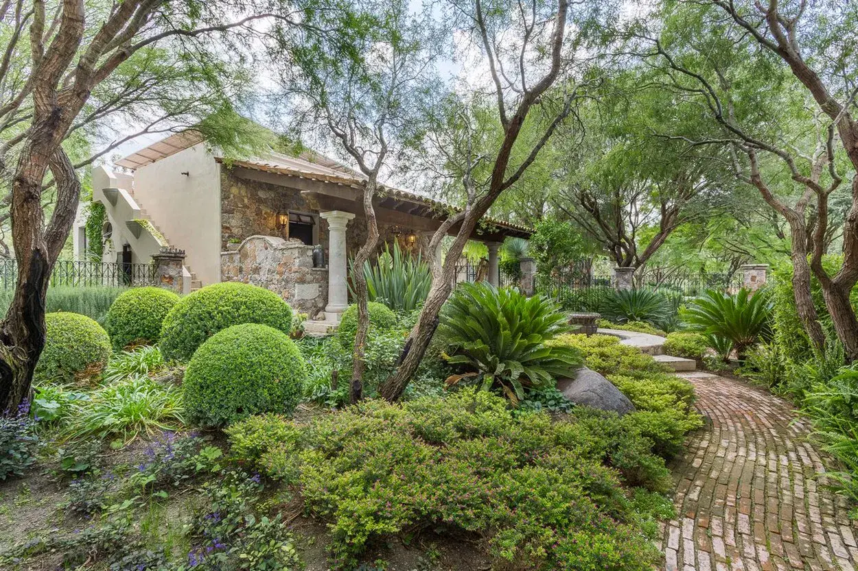 Finca Garambullos, garden path through olive trees toward the stone house, San Miguel de Allende