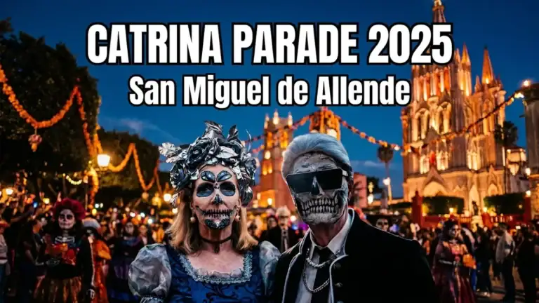 Two people in skull face paint in front of the lit Parroquia at night, with the text 'Catrina Parade 2025, San Miguel de Allende'