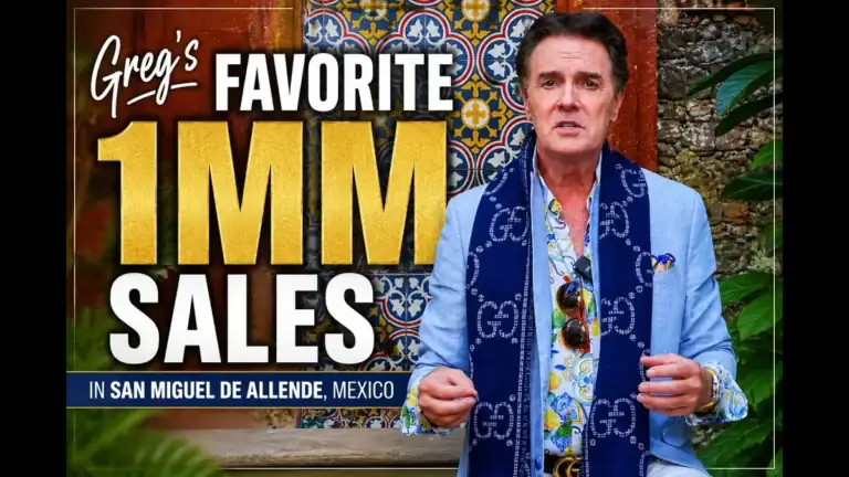 Greg Gunter in a navy patterned scarf and light blue blazer in front of patterned tiles, with the text 'Greg's Favorite 1MM Sales in San Miguel de Allende, Mexico' and black bars at both sides