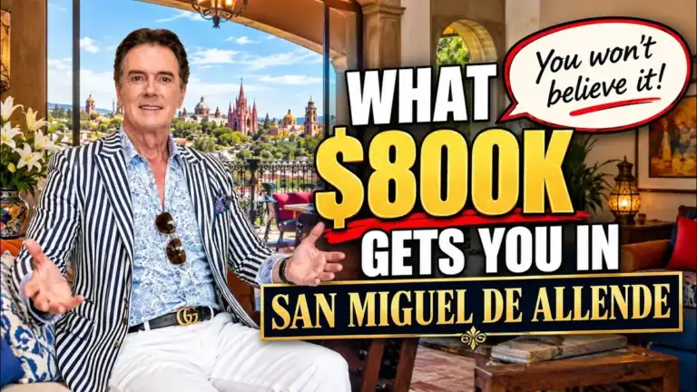 Greg Gunter in a striped blazer seated in a terrace home, with the text 'What $800K gets you in San Miguel de Allende'