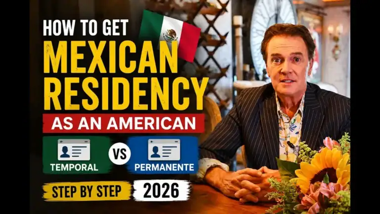 Greg Gunter in a pinstripe jacket seated at a table with sunflowers, with the text 'How to Get Mexican Residency as an American: Temporal vs. Permanente, step by step 2026' and black bars at both sides