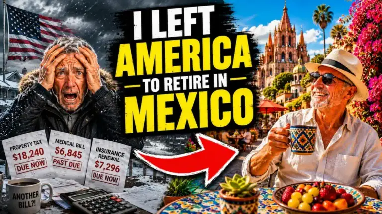 Illustration of a distressed man in snow beside overdue bills and a relaxed man with coffee in San Miguel de Allende, with the text 'I Left America to Retire in Mexico'