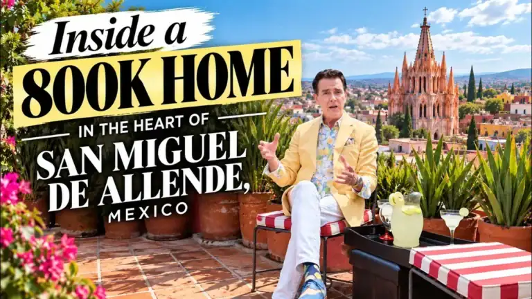 Greg Gunter in a yellow jacket seated on a terrace with lemonade and cocktails, with the text 'Inside a 800K Home in the Heart of San Miguel de Allende, Mexico'