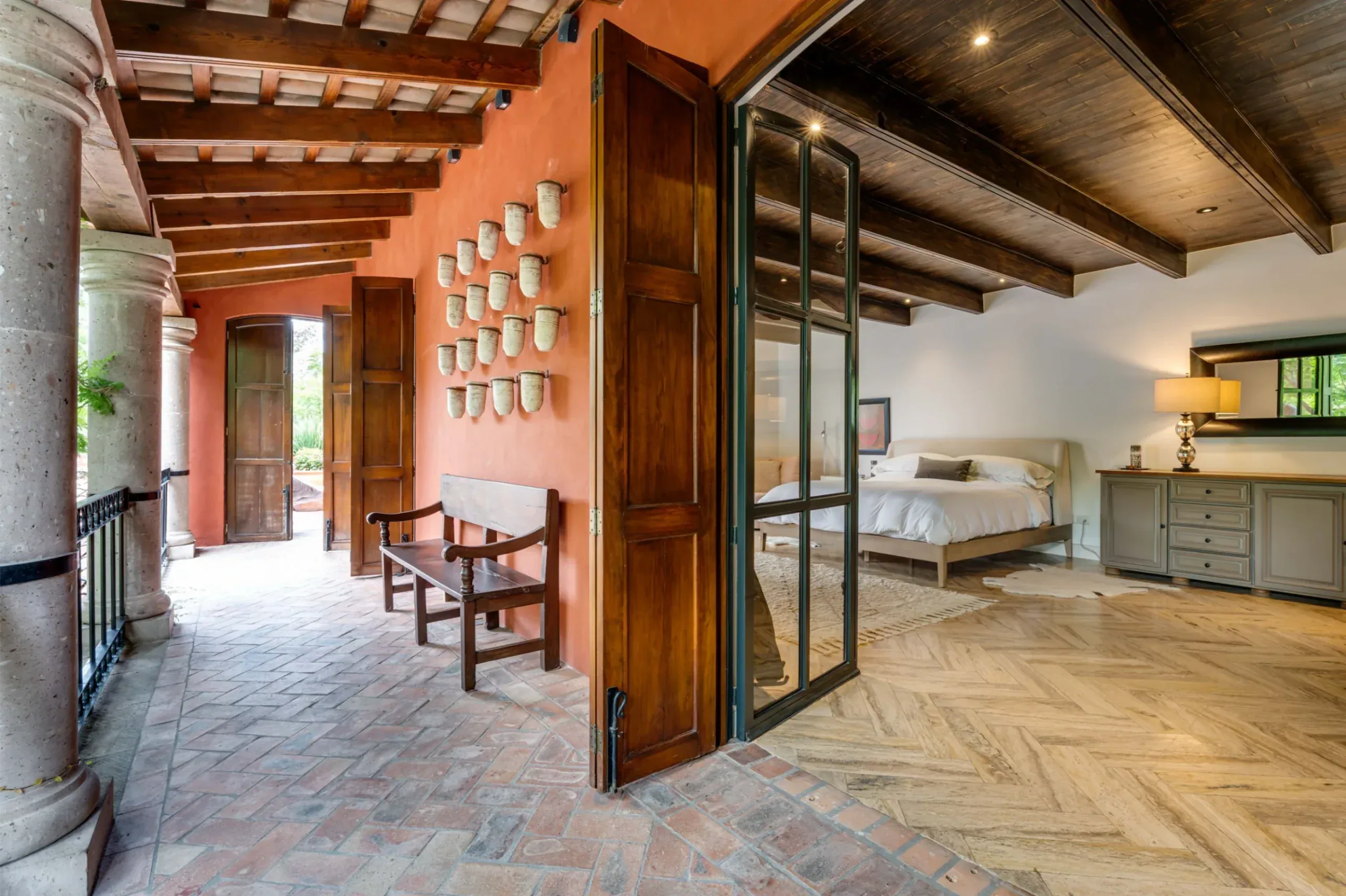 Casa Santa Mónica, covered gallery with a view into the primary bedroom, San Miguel de Allende
