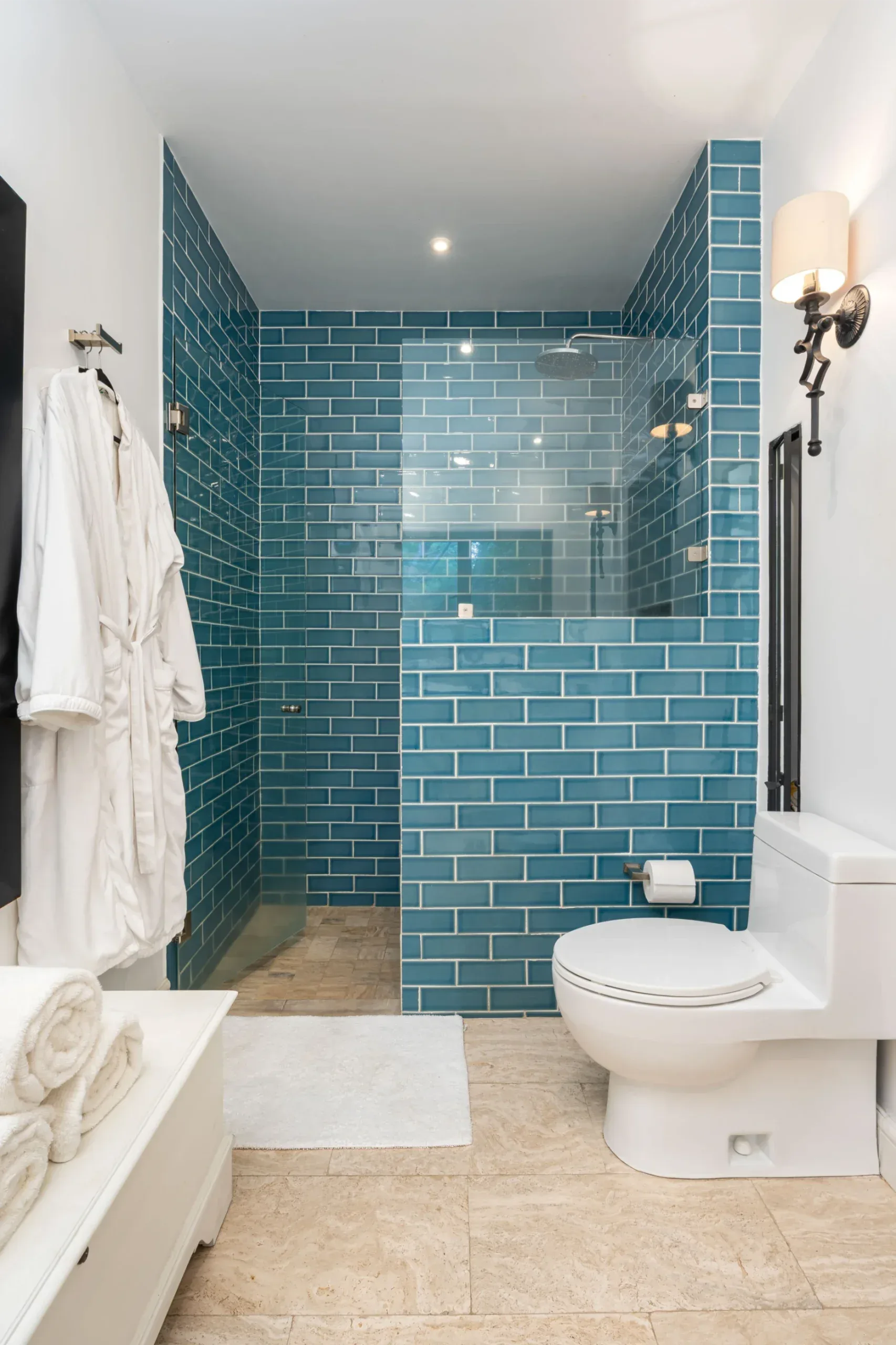 Casa Santa Mónica, shower with blue tile and a toilet, San Miguel de Allende