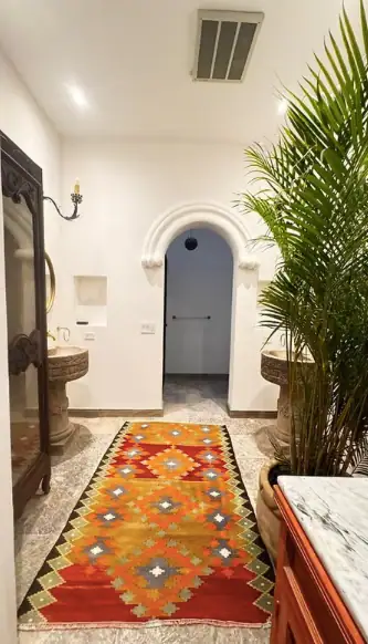 White interior hallway with a bold geometric orange rug, a tall palm plant on the right, and an arched doorway at the end, San Miguel de Allende