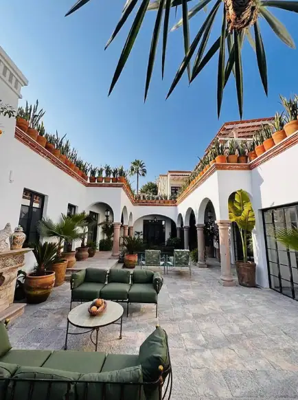 Sunny Mediterranean-style courtyard with white walls, arches, and numerous terracotta pots around green cushioned seating, San Miguel de Allende