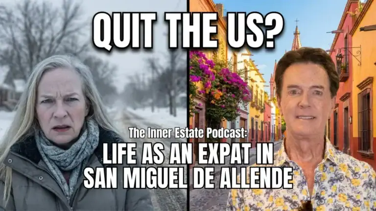 Split image of a woman on a snowy street and Greg Gunter on a colorful San Miguel street, with the text 'Quit the US? Life as an Expat in San Miguel de Allende'