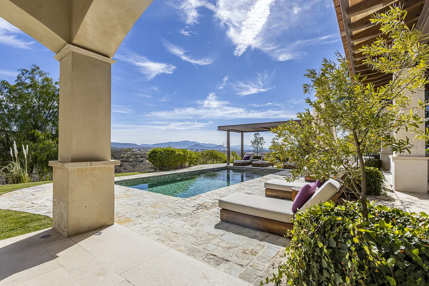 Mañanitas Residence, pool under a covered terrace with a daybed and mountain views, San Miguel de Allende